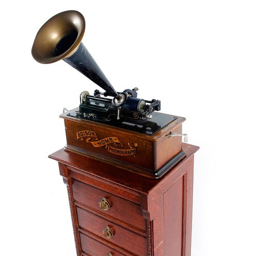 EDISON HOME PHONOGRAPH WITH HORN, CABINET & 80 CYLINDERS