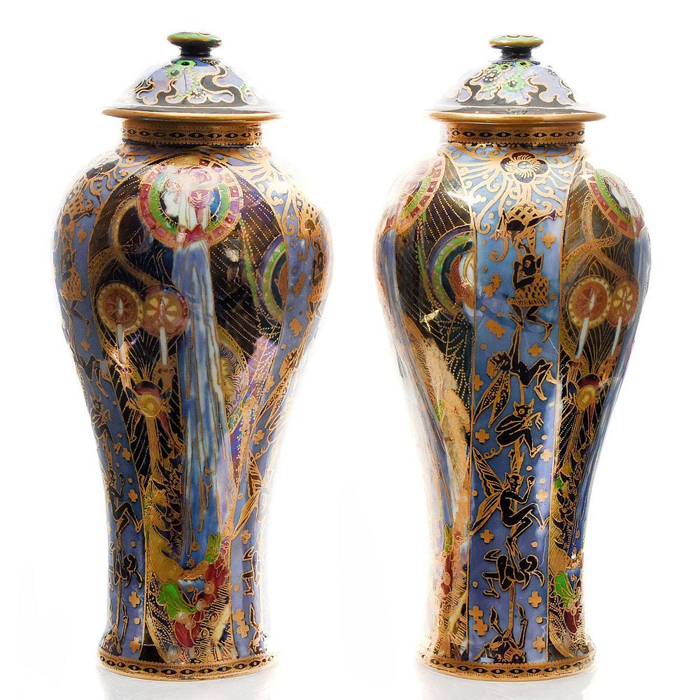 2 WEDGWOOD FAIRYLAND LUSTRE LIDDED VASES, PATTERN