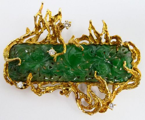 CHINESE INCREDIBLE JADEITE GOLD DIAMOND LG. BROOCH