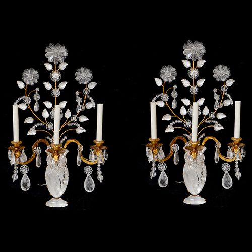 Pair Gilded Bronze and Rock Crystal Sconces