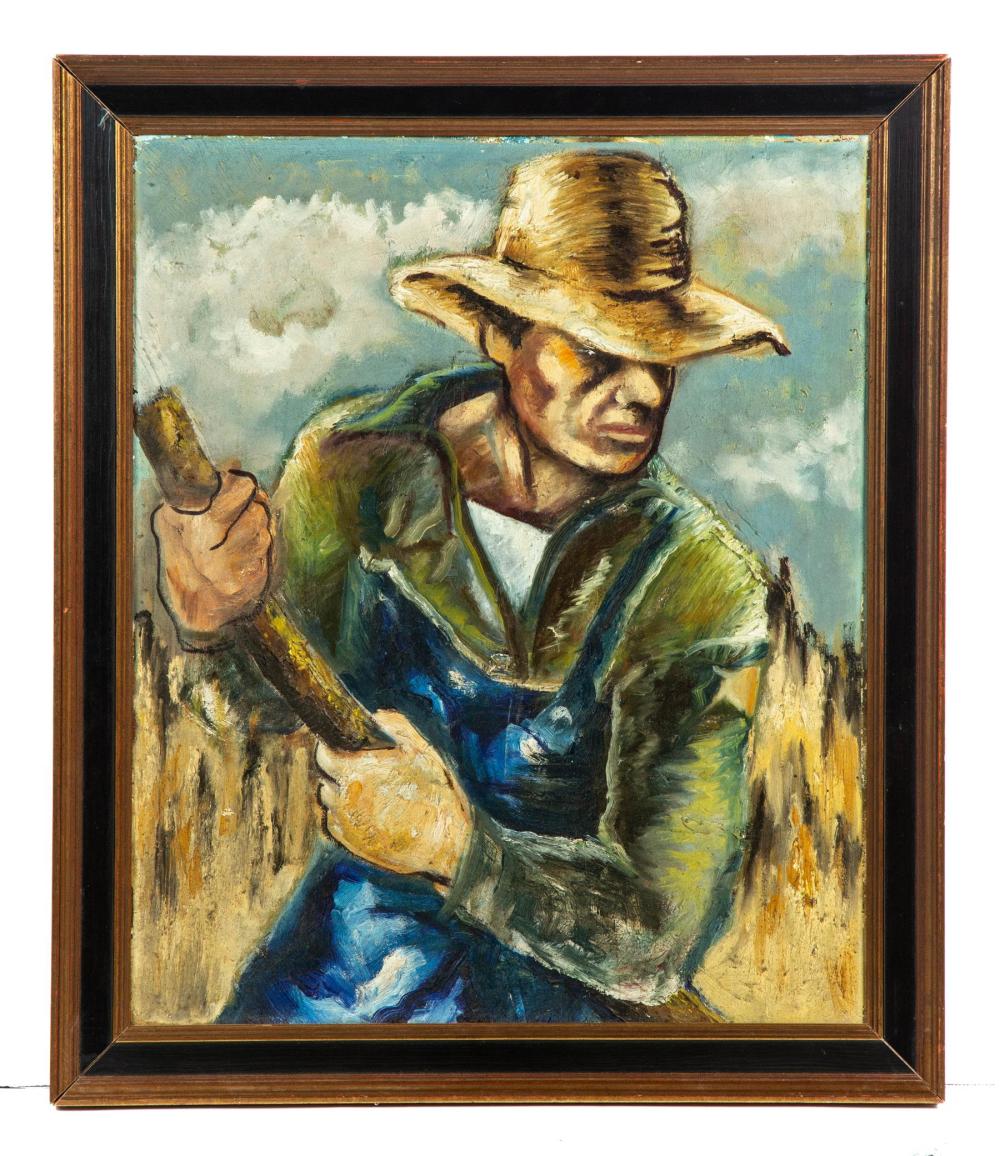 FRAMED OIL ON CANVAS OF A FARMER IN THE WPA STYLE