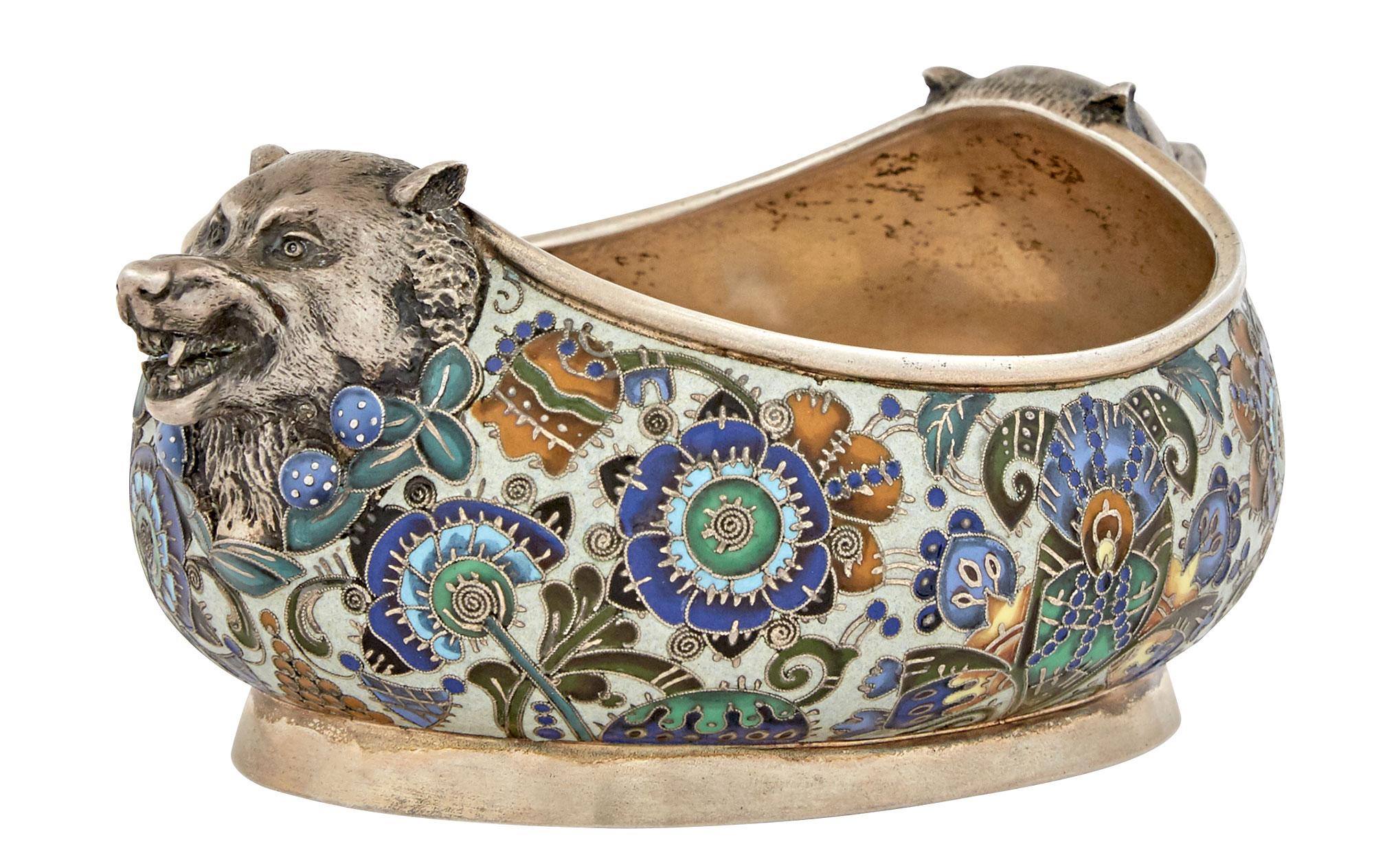 Russian Parcel-Gilt Silver and Cloisonné Enamel Bowl, Feodor Rückert