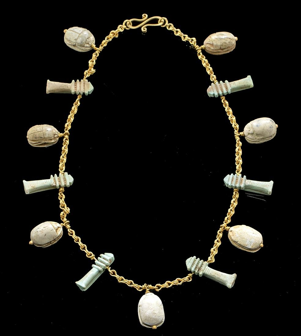 21K Gold Necklace w- Egyptian Scarabs, Djed Pillars