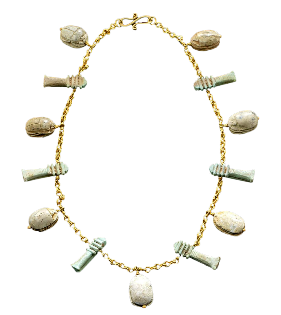 21K Gold Necklace w/ Egyptian Scarabs, Djed Pillars