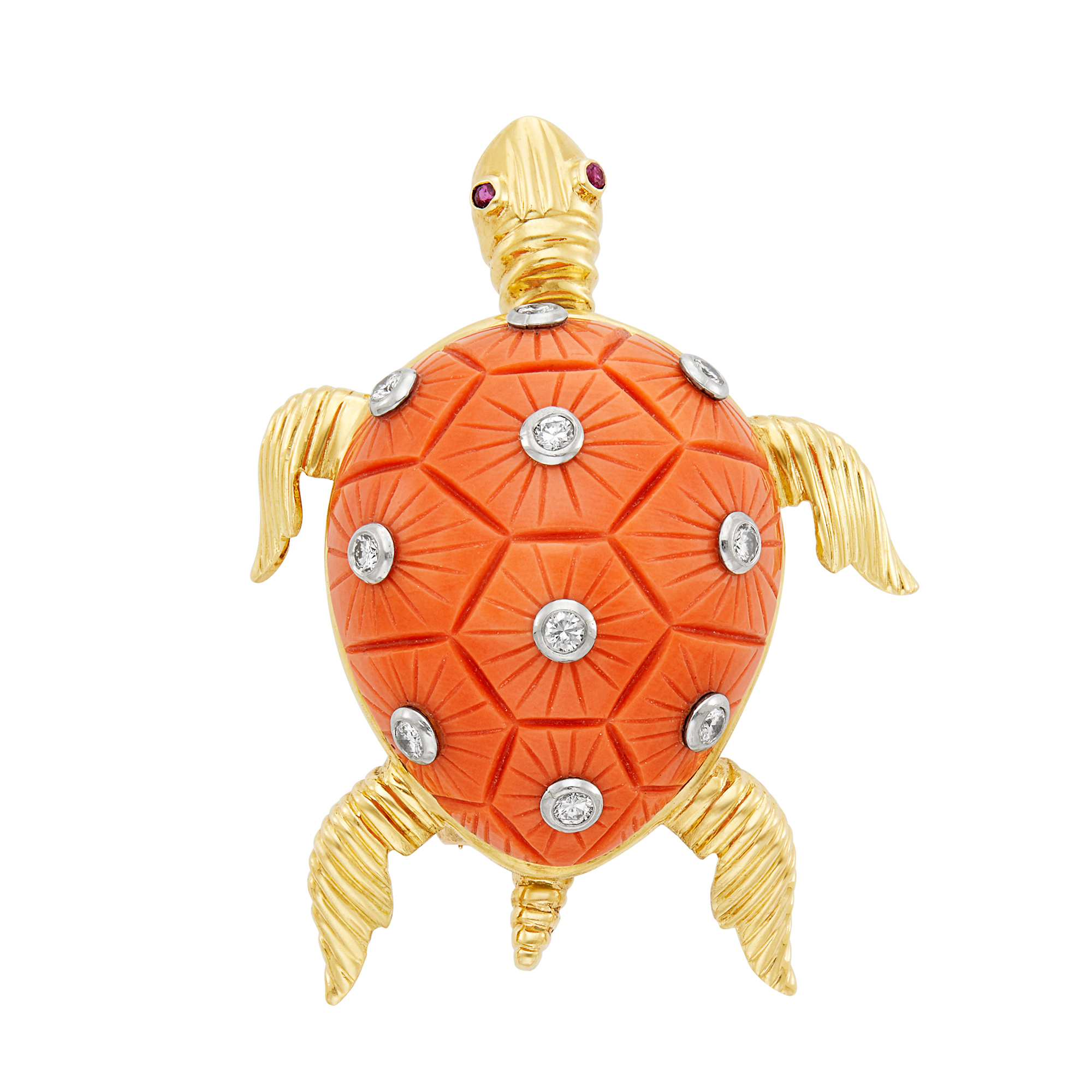Gold, Platinum, Carved Coral and Diamond Turtle Clip-Brooch