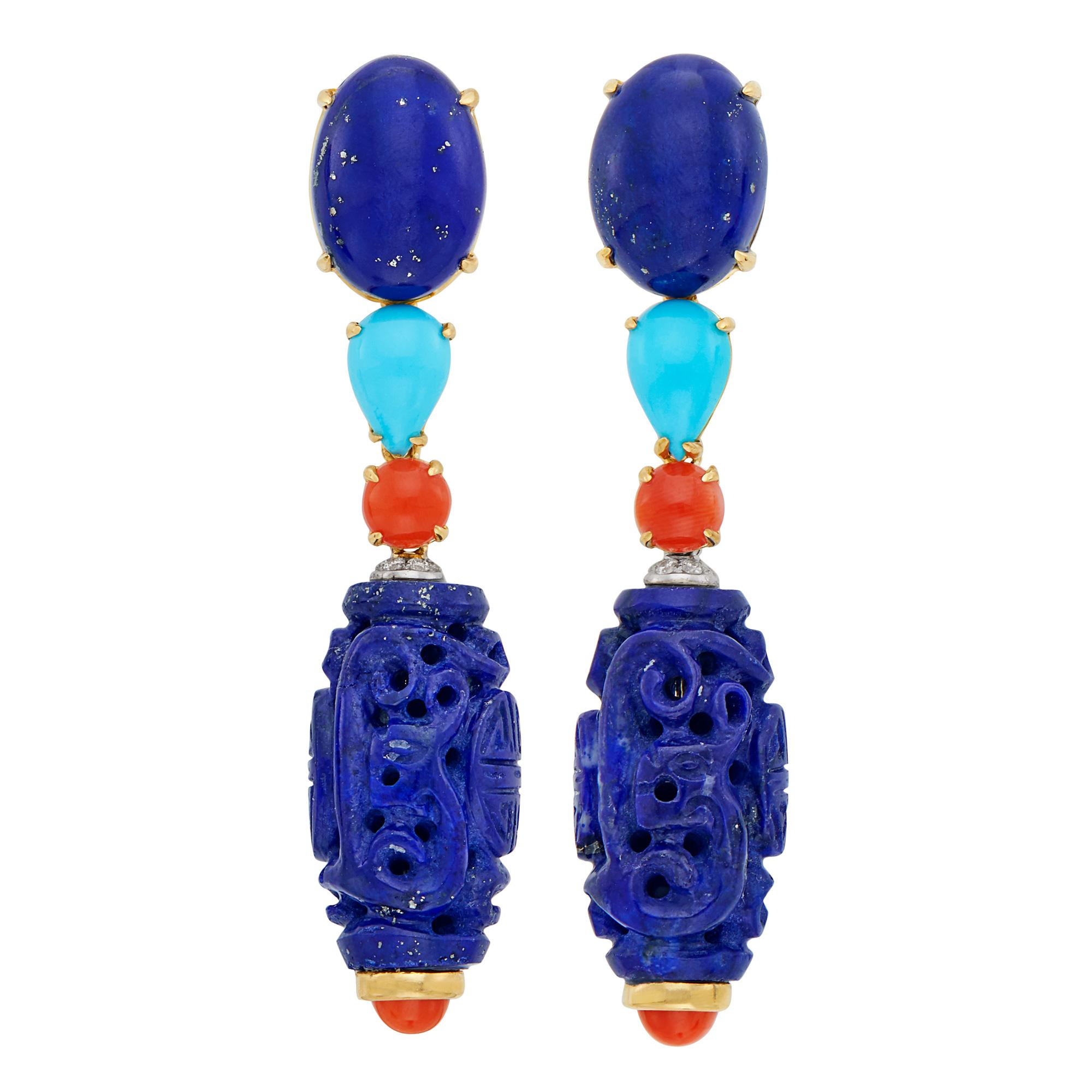 Pair of Gold, Lapis, Coral, Turquoise and Diamond Pendant-Earclips