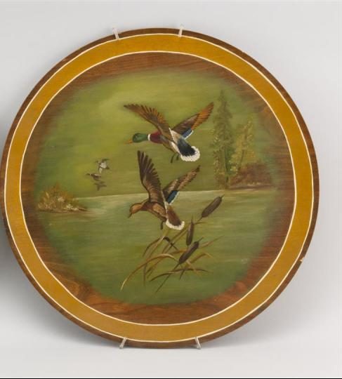 PAIR OF PAINTED PANELS FEATURING WATERFOWL One depicts wood ducks and the other depicts mallards.