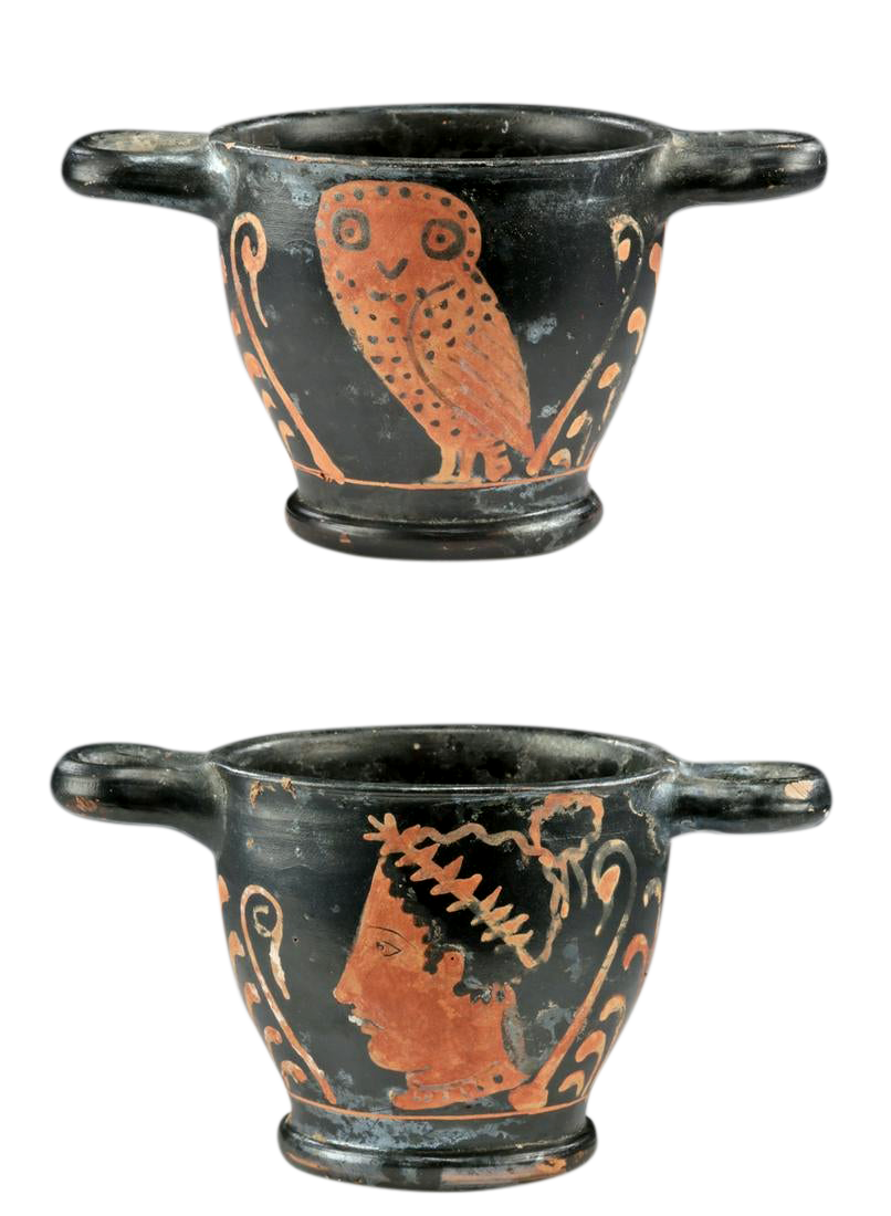 Etruscan Red-Figure Owl Skyphos w/ Lady of Fashion