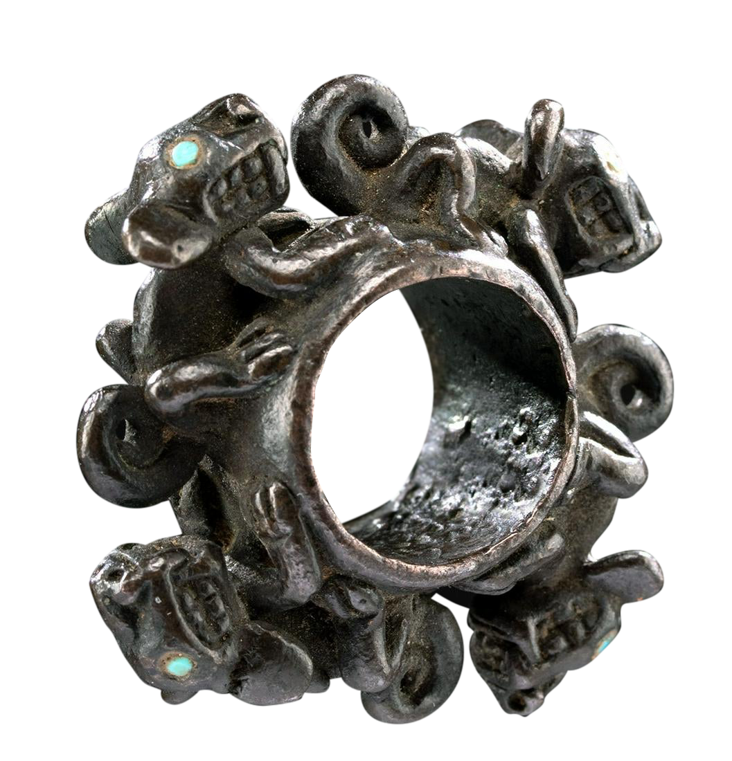 Huari Copper & Turquoise Ring w/ Running Jaguars 61.6 g