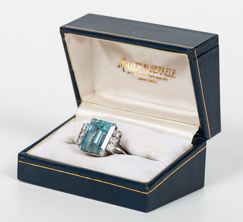 14K WHITE GOLD, AQUAMARINE, & DIAMOND RING, 16.5CT