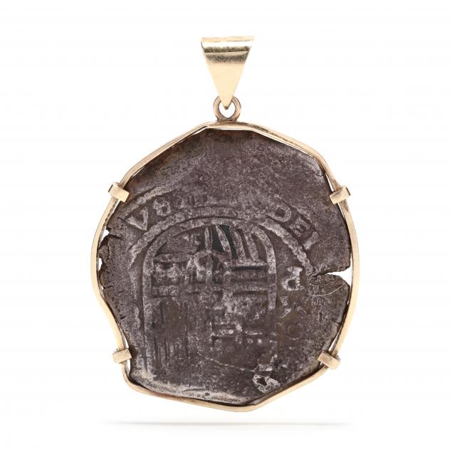 Spanish Colonial Silver 8 Reales Cob Coin Set as Pendant in 14KT Gold Bezel