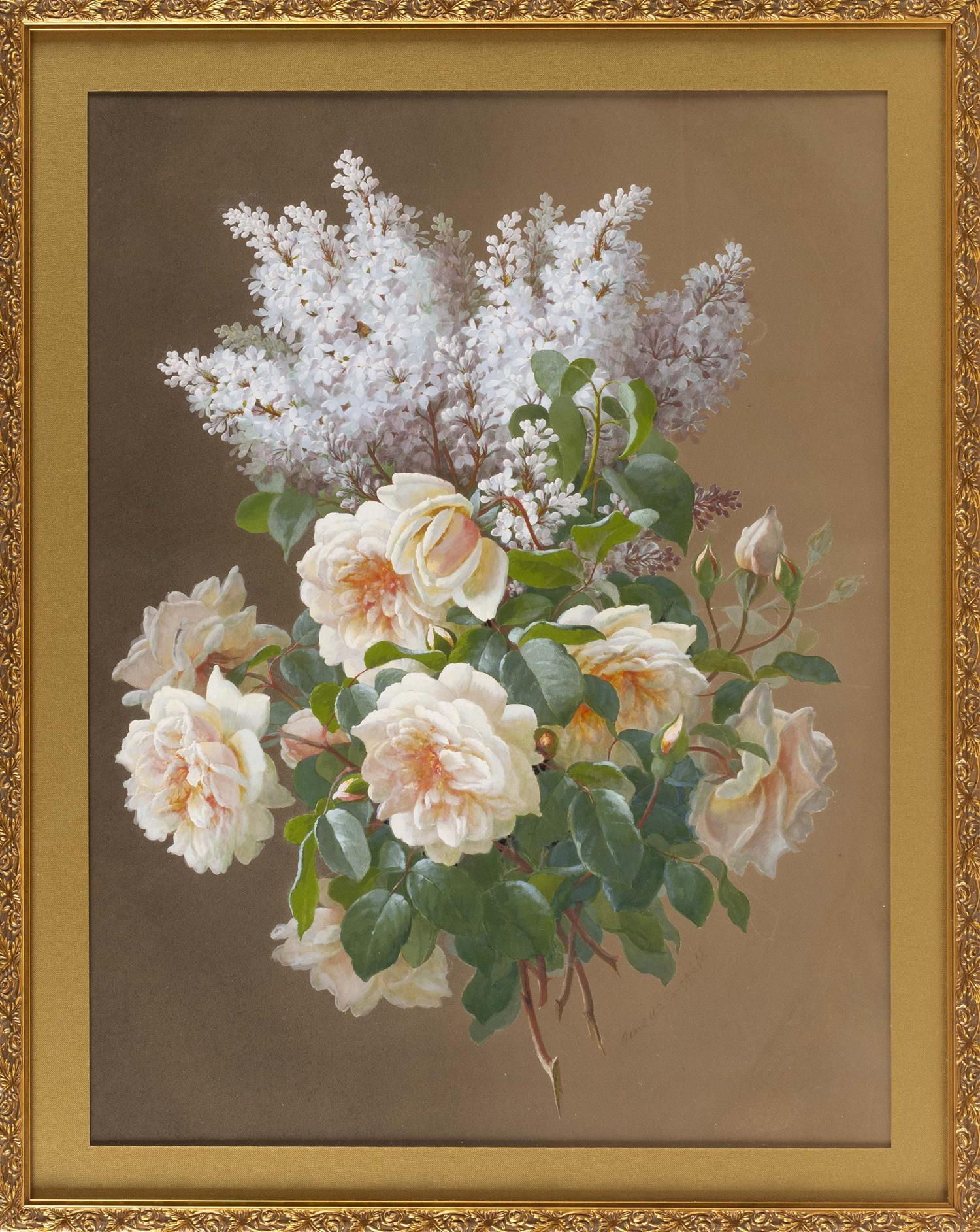 RAOUL MAUCHERAT DE LONGPRE, France, 1843-1922, Still life of lilacs and roses., Gouache on paper