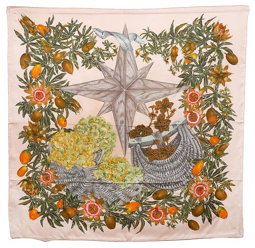Hermes Peach Passiflores Silk Scarf 90cm