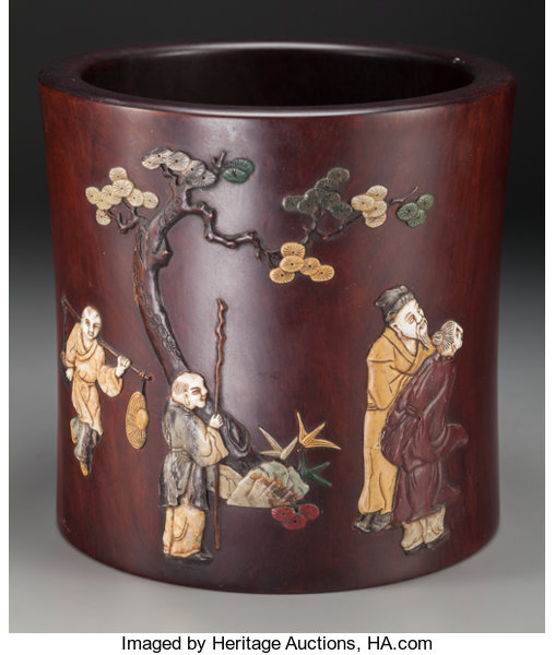 A Large Chinese Appliqué Hardwood Brushpot.