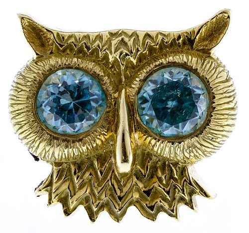 Ron Ray 18k Gold and Blue Topaz Owl Ring