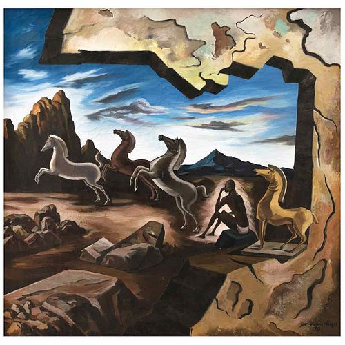 JOSÉ GARCÍA NAREZO, Muchacho sentado contemplando un grupo de caballos, Signed and dated 1981, Oil on canvas