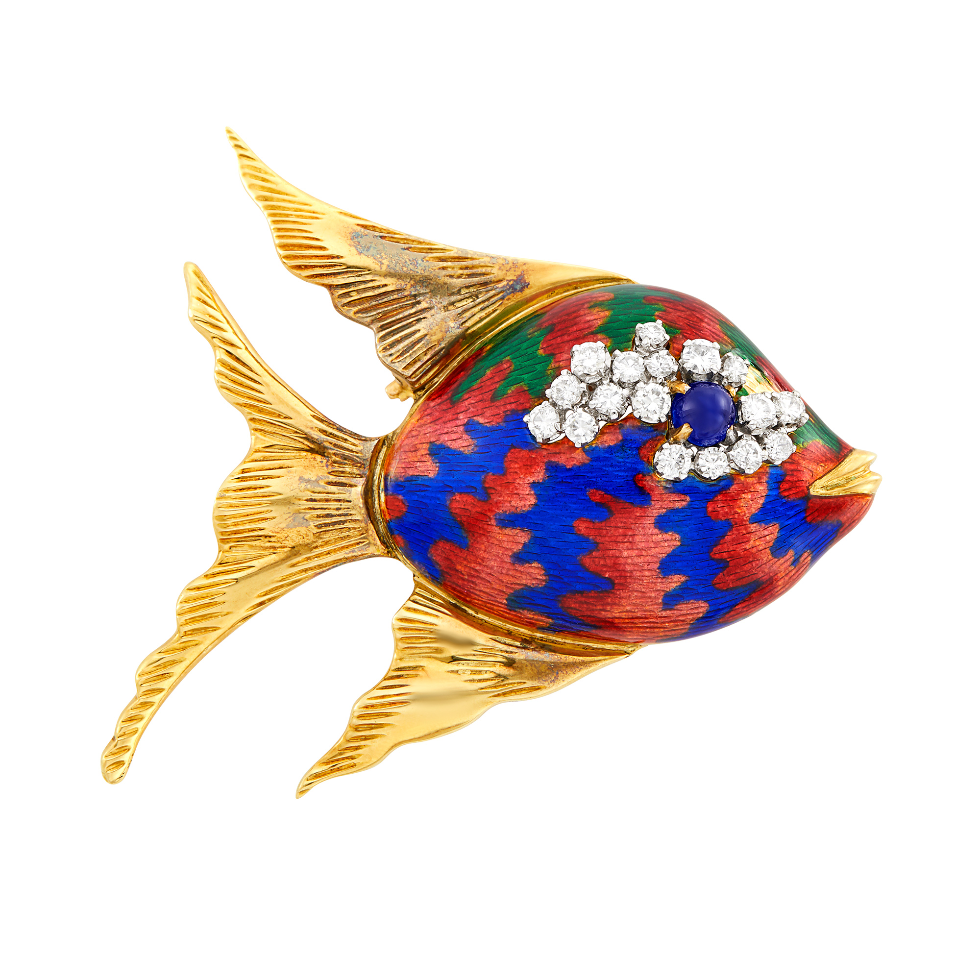 Gold, Enamel and Diamond Fish Clip-Brooch