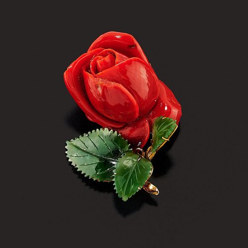 A 18K yellow gold, coral and jadeite brooch, defects