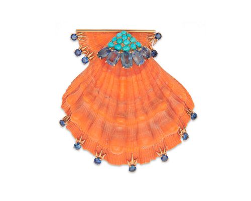 CARTIER 14K Gold, Sapphire, and Turquoise Lion's Paw Shell Brooch