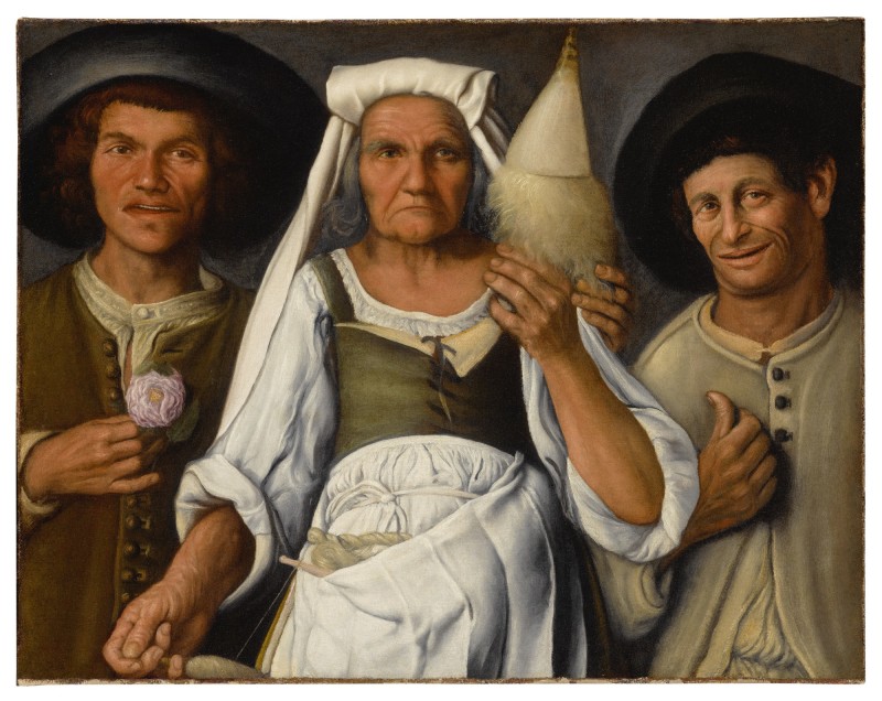 ATTRIBUTED TO VINCENZO CAMPI - AN OLD PEASANT WOMAN WITH A DISTAFF AND SPINDLE FLANKED BY TWO MALE PEASANTS