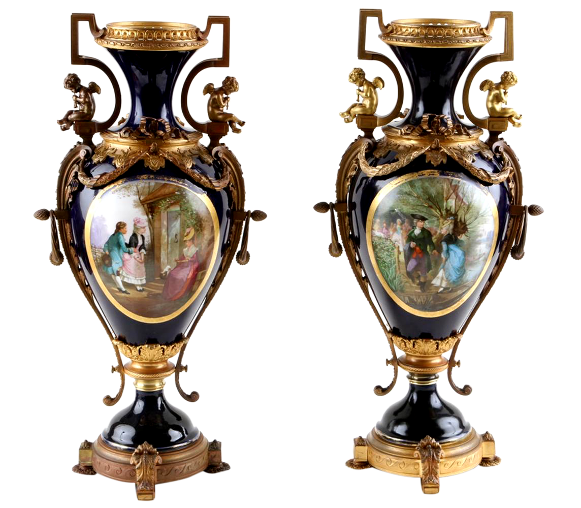 Pair 19th C French Sevres Style Cobalt Vases