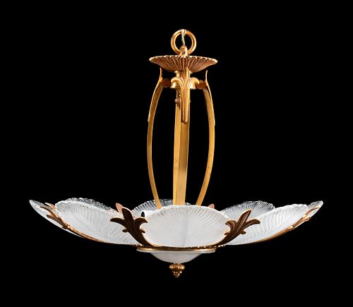 An Art Nouveau Style Gilt-Bronze and Frosted Glass Eight-Light Chandelier