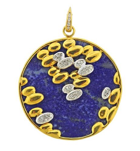18K Gold Diamond Large Lapis Pendant