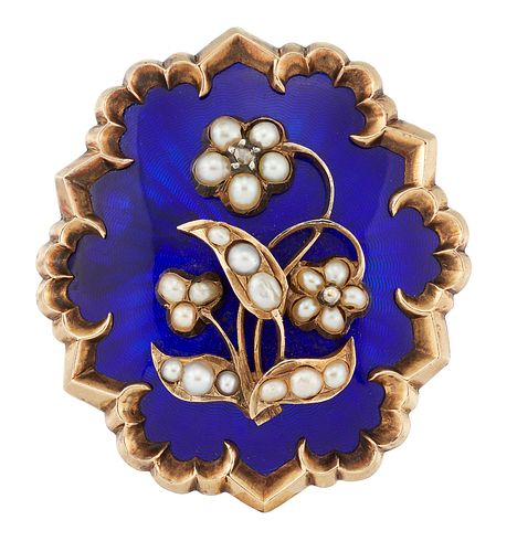 A VICTORIAN MOURNING BROOCH, the blue enamel brooch set with a split pearl