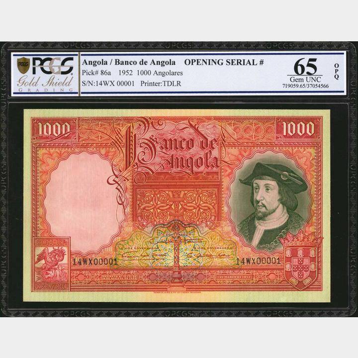 ANGOLA. Banco de Angola. 1000 Angolares, 1952. P-86a. Serial Number 1. PCGS GSG Gem Uncirculated 65 OPQ