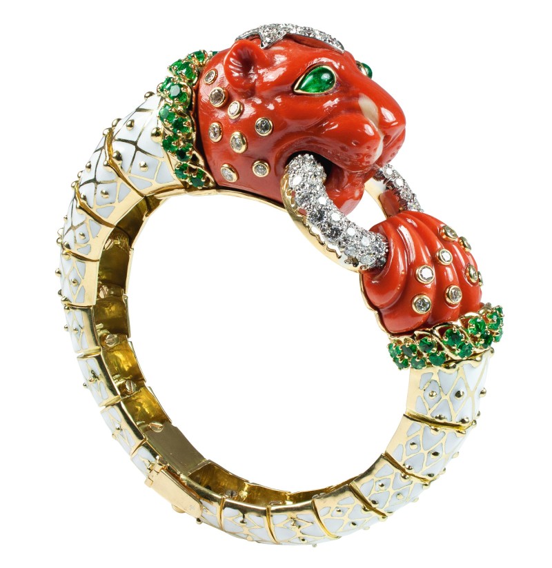 DAVID WEBB - CORAL, EMERALD, DIAMOND AND ENAMEL BANGLE-BRACELET