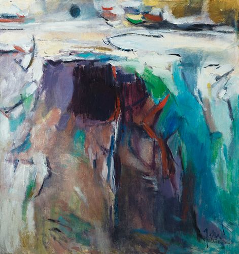 Elena Jahn (Am. 1938-2014) - Moon, Water, Rocks-Monhegan, Maine 1963 - Oil on canvas