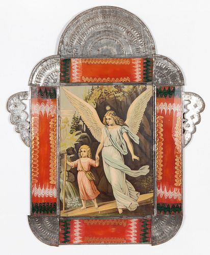 Tin Frame with Reverse Painted Glass and Devotional Print, ca. 1900