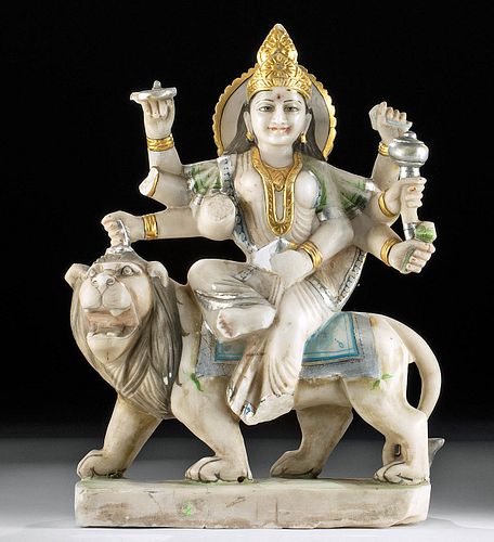20th C. Indian Marble Carving of Durga & Lion Mount