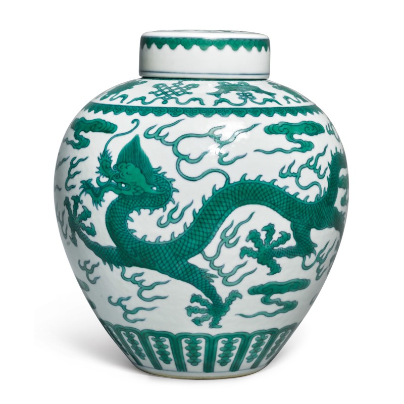 A FINE GREEN-ENAMELED DRAGON JAR AND COVER, JIAQING SEAL MARK AND PERIOD