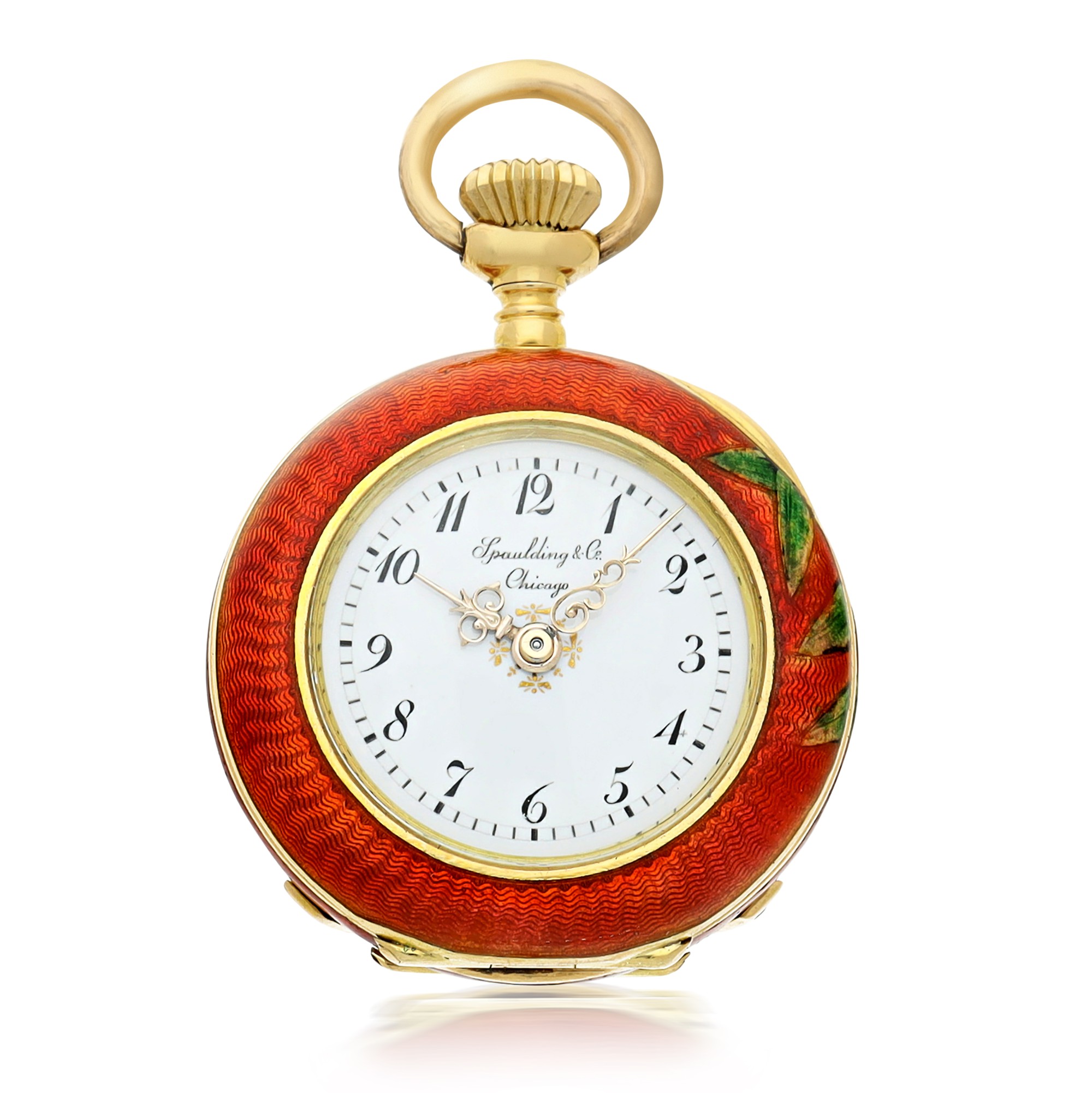 PATEK PHILIPPE - RETAILED BY SPAULDING & CO A FINE YELLOW GOLD, ENAMEL AND DIAMOND-SET OPEN FACED WATCH WITH ASSOCIATED YELLOW GOLD, ENAMEL, DIAMOND AND EMERALD-SET PENDANT, CIRCA 1895
