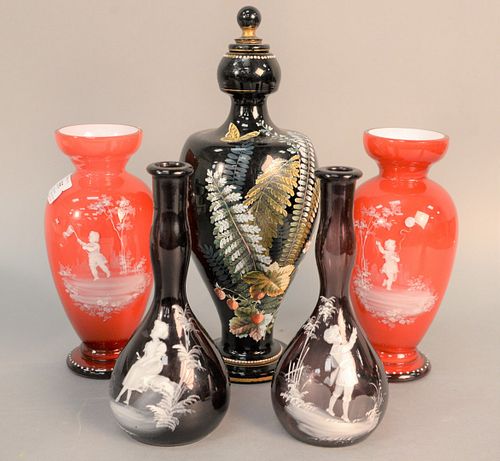 Five glass vases to include pair of amethyst Mary Gregory vases, pair of red Mary Gregory case glass vases having scene with boy holding a balloon