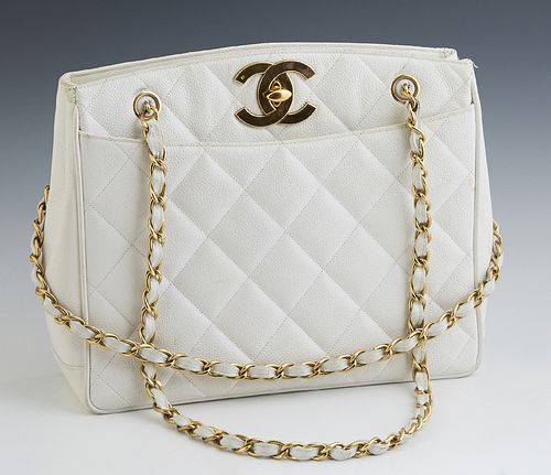 Chanel White Caviar Quilted Leather Shoulder Bag, c. 1985, with gold tone chain-link woven leather double straps, the CC turn-lock