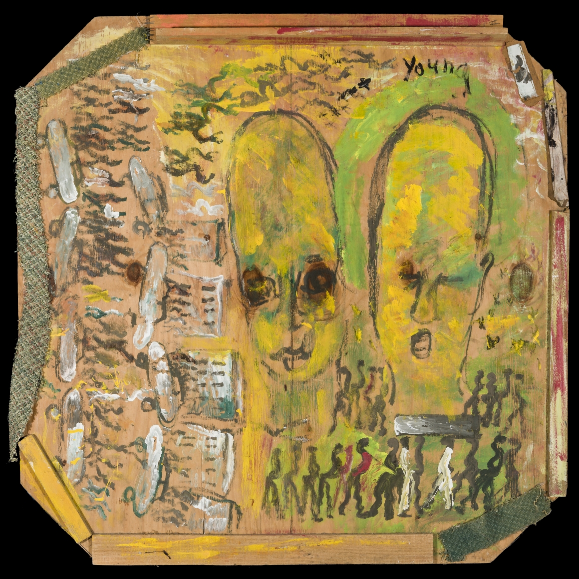 Purvis Young (1943–2010) [Urban Angels with Funeral and Cars], about 1990 Mixed media on wood, 48 x 48 in.