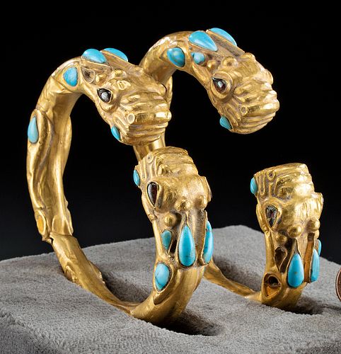 Achaemenid Gold Bracelets w- Turquoise, Garnets (pr)
