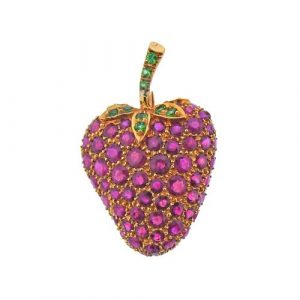 Diafini Ruby Tsavorite Gold Strawberry Brooch Pin