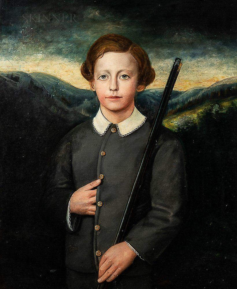 Anglo-American School, 19th Century Boy in a Gray Suit Holding a Rifle
