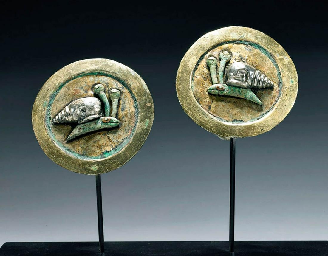 Matched Moche Gilt Copper Earspools w- Silver Snails