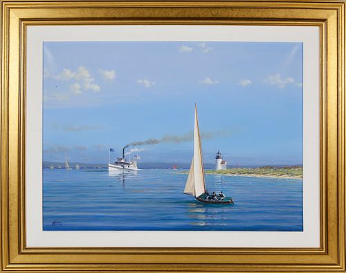 Tim Thompson Oil on Canvas Summer in the Sound - Steamer Nantucket Passing Brant Point Lighthouse