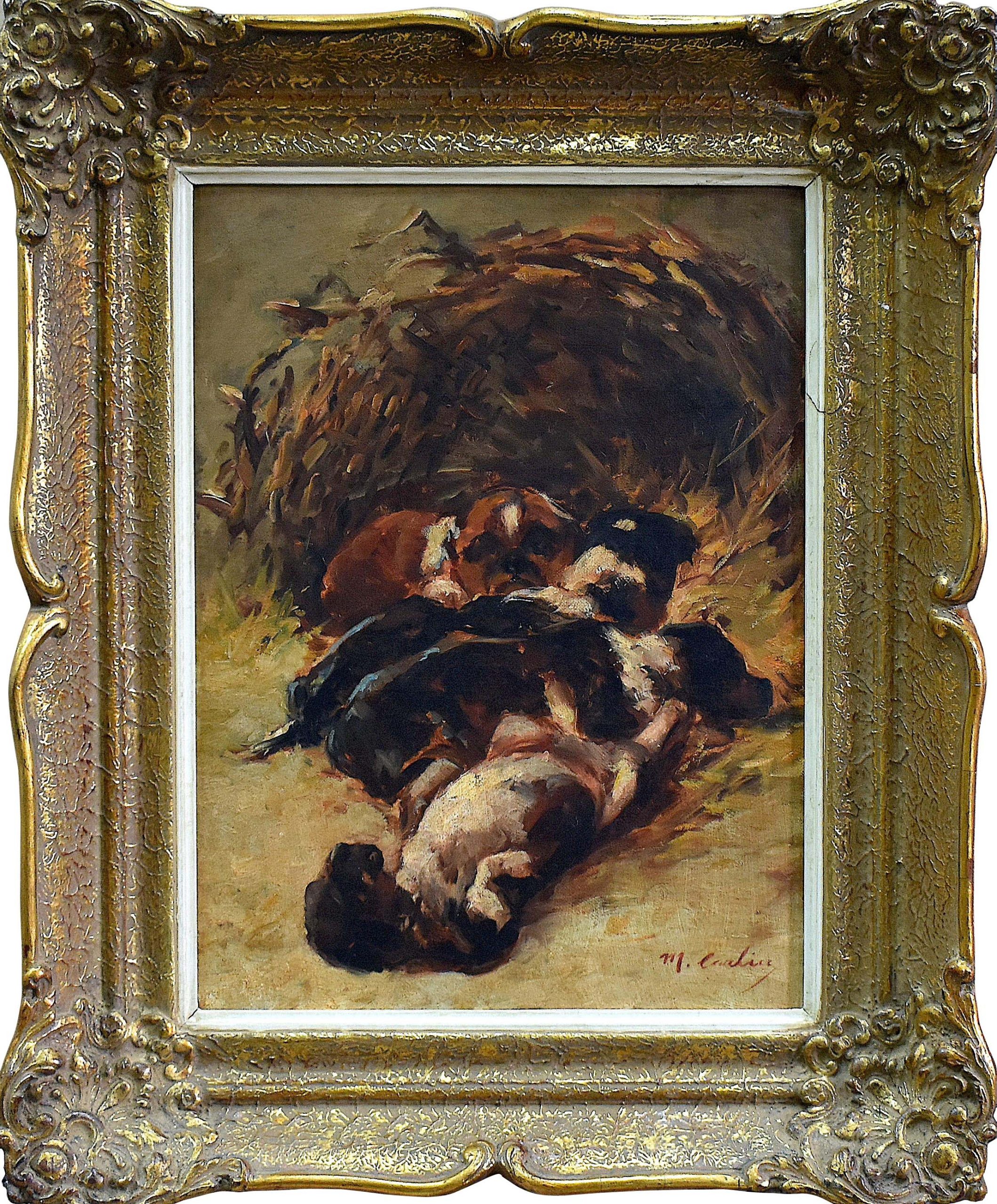 Max Carlier (1873-1938) Puppies Oil on Canvas/Oak Panel