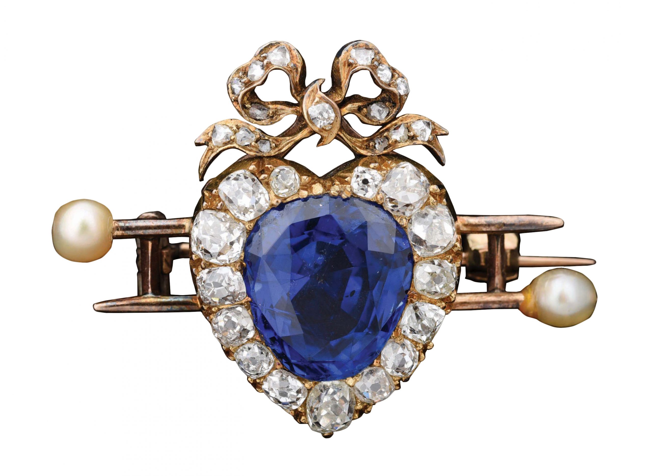 NATURAL BLUE SAPPHIRE & ROSE-CUT DIAMOND VICTORIAN HEART SHAPED BROOCH W/CERTIFICATE.
