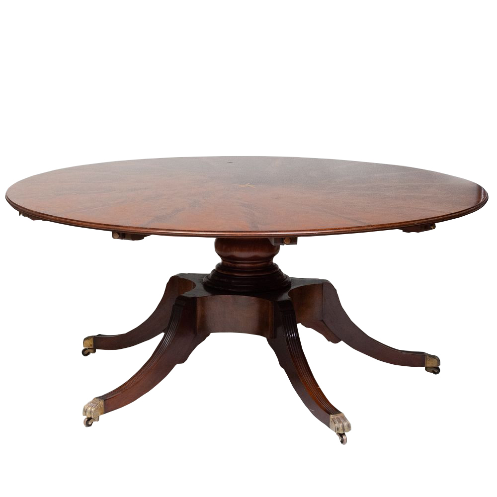Large Victorian Style Inlaid Mahogany Circular Extension Dining Table, of Recent Manufacture
