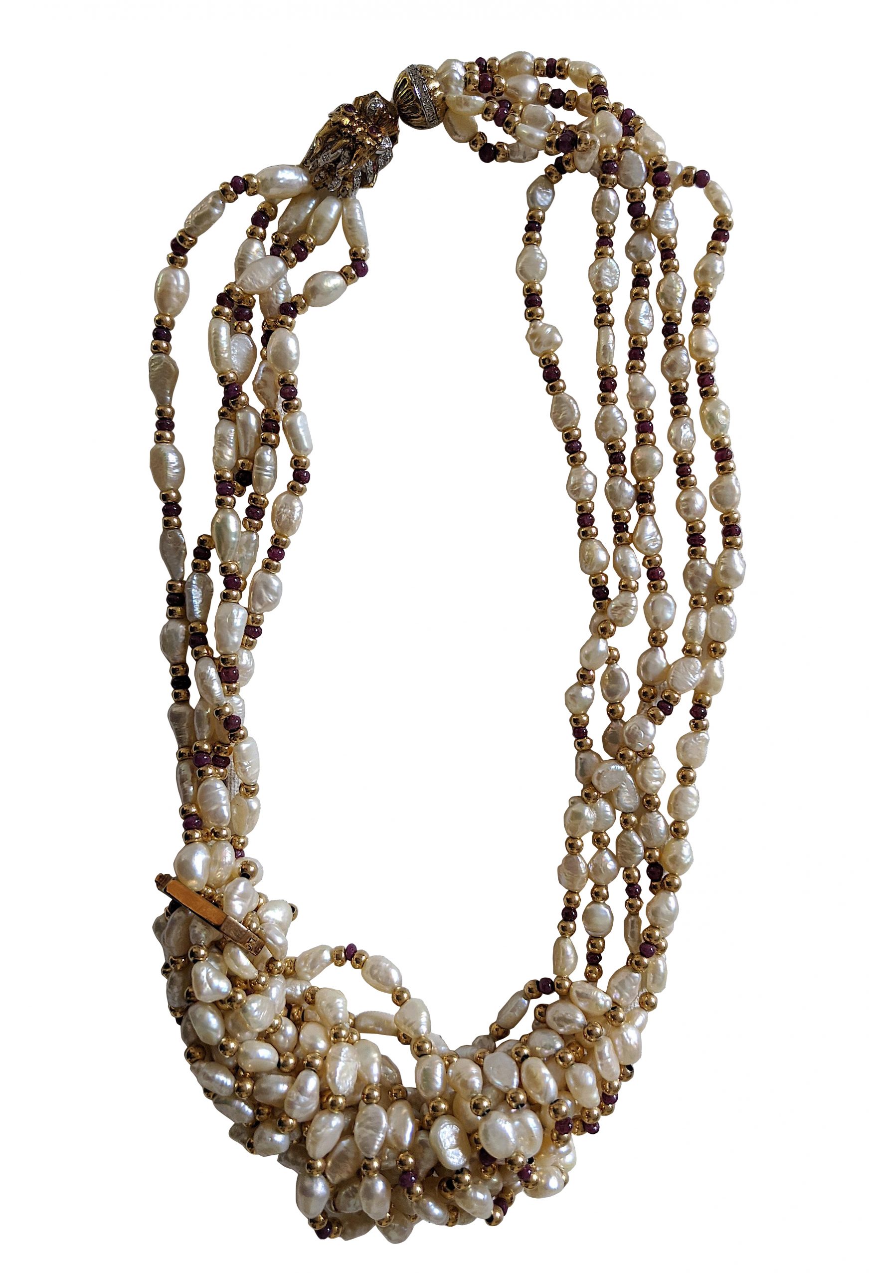 Vintage Necklace Baroque Pearls Gold 14K Rubies Diamonds 20" 5-Strand