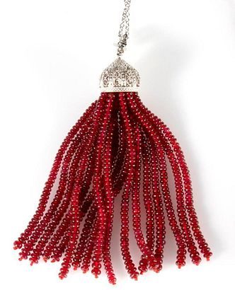 Ruby, diamond, 18k white gold tassel pendant