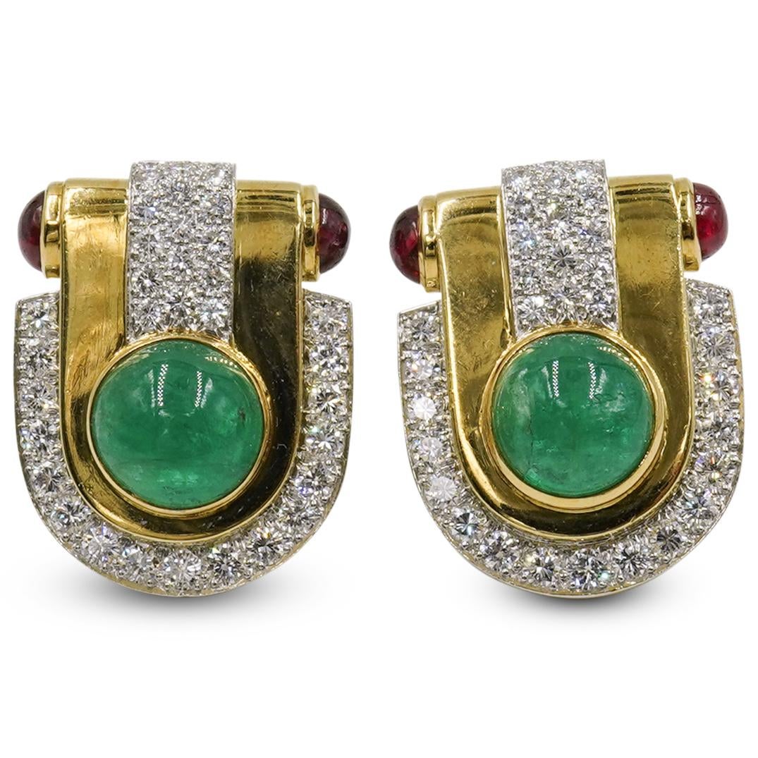 David Webb Platinum & 18K Gold Cabochon Ruby, Emerald
