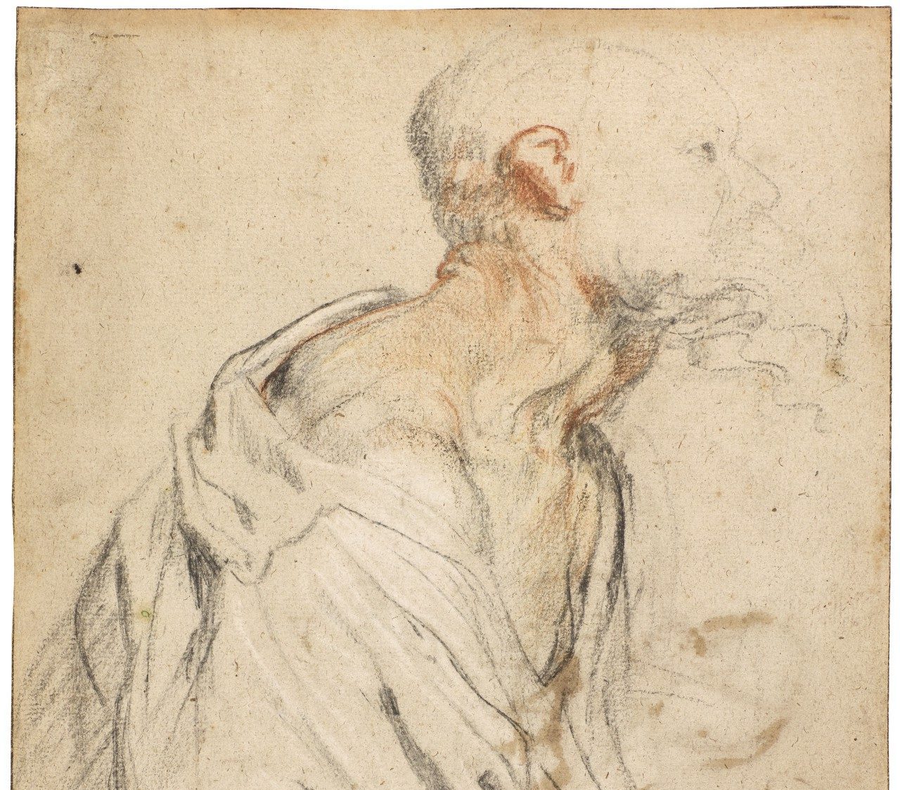 Recto: An old bearded man holding a bundle beneath his arm; verso- Various composition studies by Sir Anthony van Dyck.